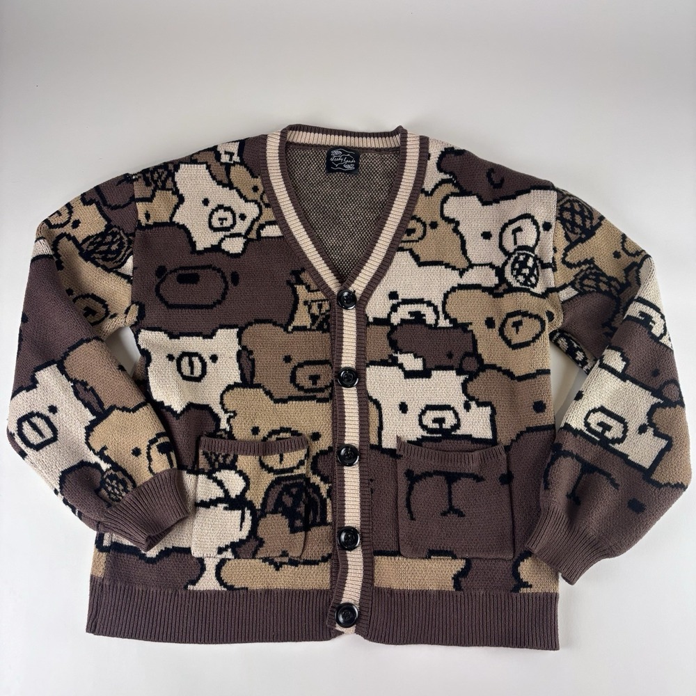 Steady Hands Cardigan Sweater Medium Brown Bear Knit Heavyweight Soft Pockets